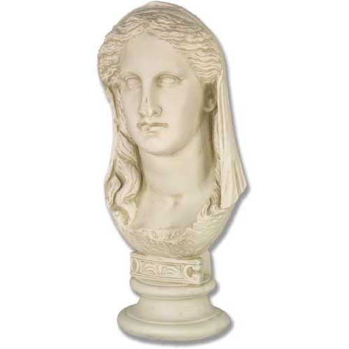 Classical Greek bust with serene expression, draped veil, and ornate pedestal base in old world European style.