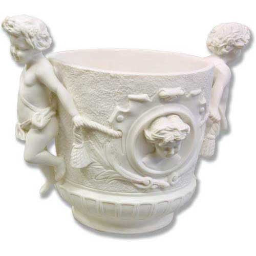 Ornate classical urn with two cherubs and Baroque relief details in old world European style.