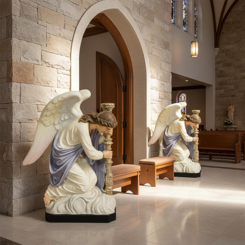 Pair Of Kneeling Angels With Candlestick Garden Statue (35-Inch)