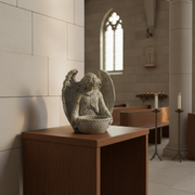 Angel statue with outstretched wings in ornate old world European style, holding a woven bowl with classical detailing. Side Angle