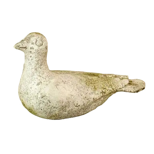 Stone dove sculpture with weathered surface, featuring old world European and classical design elements, simple and serene form.