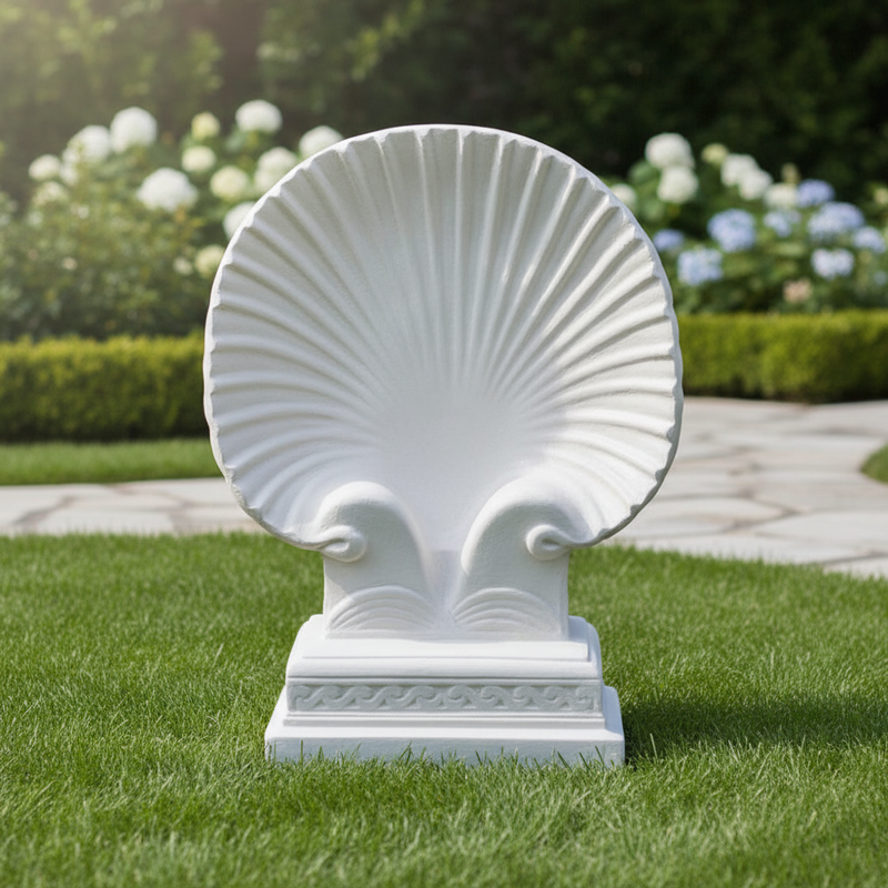 Shell-shaped classical pedestal with ornate base, featuring old world European and Renaissance-inspired sculptural details. Side Angle