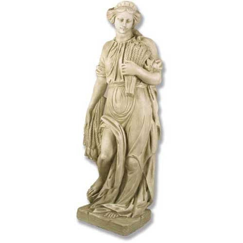 Classical female statue in flowing drapery holding wheat, featuring ornate old world European and Renaissance style details.