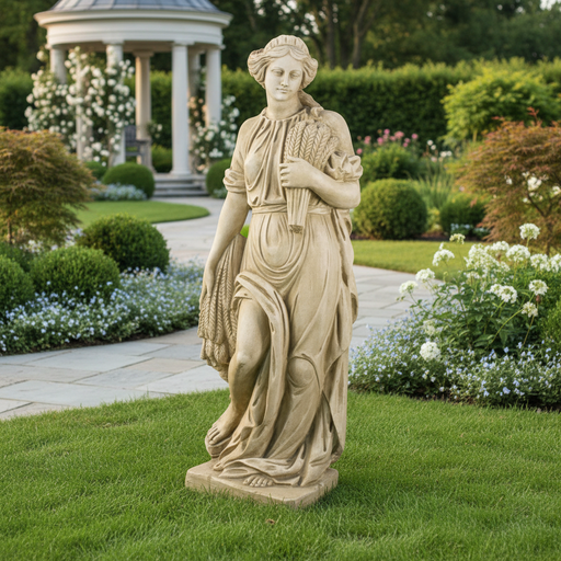 Classical female statue in flowing drapery holding wheat, featuring ornate old world European and Renaissance style details. Side Angle