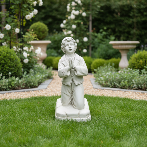 Kneeling boy statue with hands clasped in prayer, ornate old world European style, classical and serene expression. Side Angle