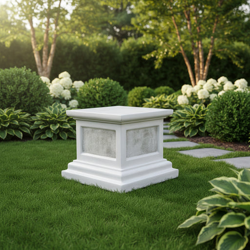 Classical pedestal base with ornate, old world European detailing and tiered architectural design, inspired by Renaissance style. Side Angle