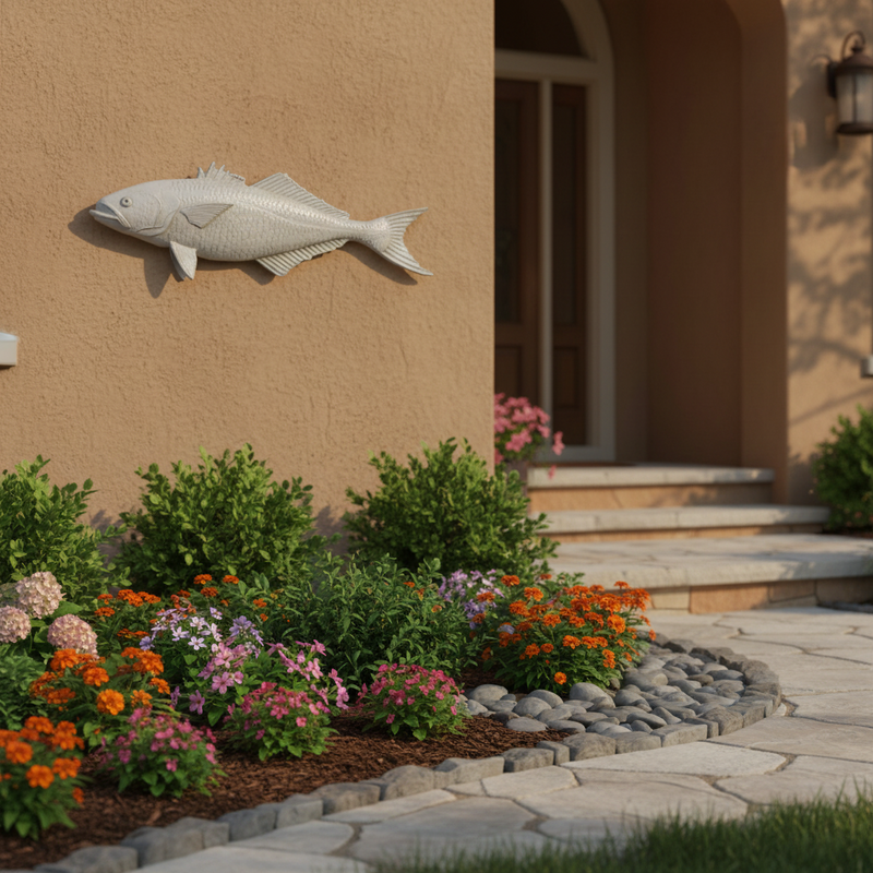 Ornate old world European fish sculpture with detailed scales, classical fins, and a textured, Renaissance-inspired design. Side Angle