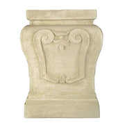 Ornate pedestal base with classical old world European scrollwork and leaf motif, featuring a Renaissance-inspired architectural design.
