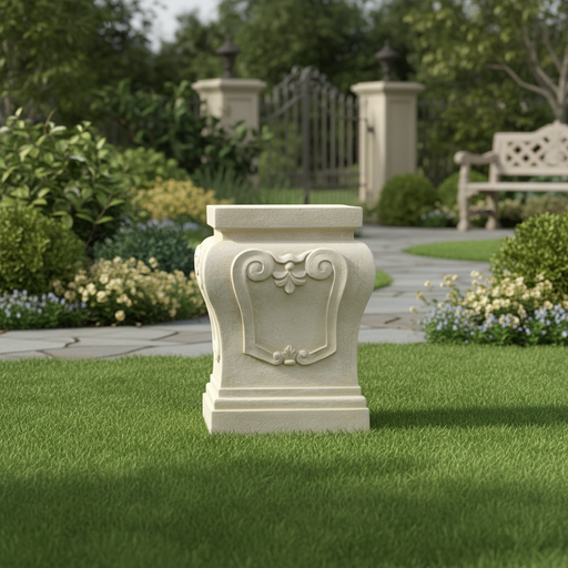 Ornate pedestal base with classical old world European scrollwork and leaf motif, featuring a Renaissance-inspired architectural design. Side Angle
