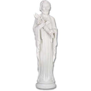 Saintly figure in flowing classical robes holding lilies, featuring ornate old world European and Renaissance-inspired detailing.