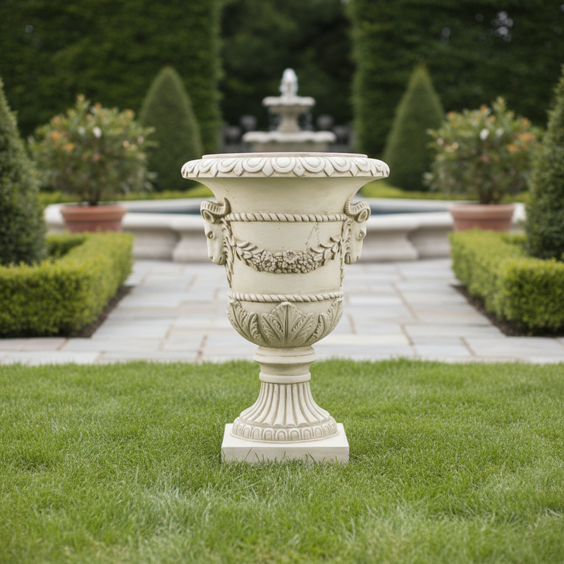 Ornate classical urn with ram head accents, laurel garland, and fluted pedestal in old world European Baroque style. Side Angle
