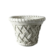 Ornate planter with classical old world European lattice pattern and braided rim, featuring a weathered, antique finish.