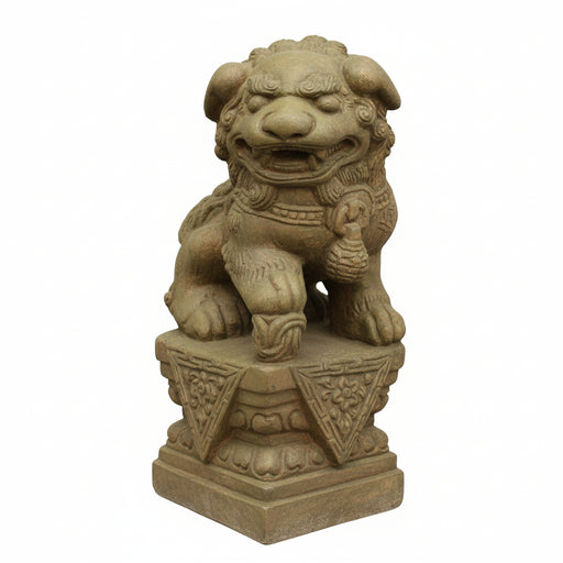 Foo dog statue with ornate detailing, classical Asian guardian style, seated on a decorative pedestal with intricate carvings.