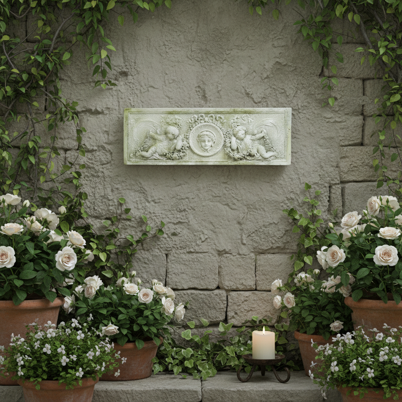 Rectangular old world European relief panel with ornate cherubs and classical face medallion in Baroque architectural style. Side Angle