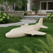 Airplane figurine with rounded windows and smooth, minimalist design, featuring classical, old world European simplicity. Side Angle