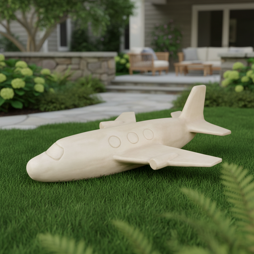 Airplane figurine with rounded windows and smooth, minimalist design, featuring classical, old world European simplicity. Side Angle