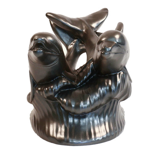 Two ornate dolphins leaping over stylized waves in a classical old world European sculptural design. Additional Angle