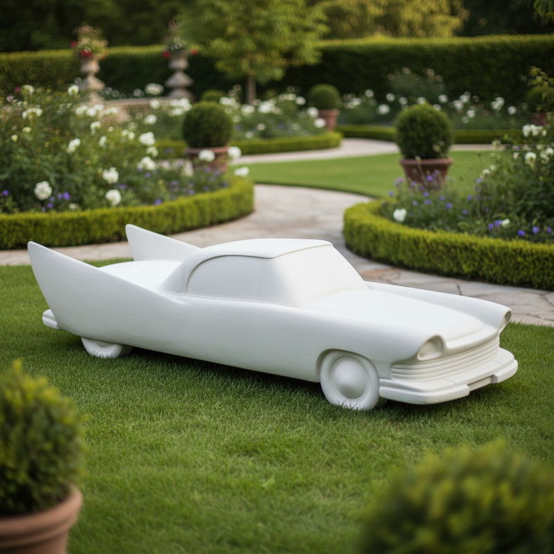 Classic car sculpture with pronounced tailfins, streamlined silhouette, and subtle old world European retro styling. Side Angle