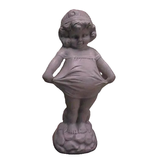 Cherubic child statue in classical European style, standing on a textured base, holding up dress with an innocent expression.
