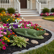 Crocodile sculpture with detailed scales and classical old world European style, featuring ornate, lifelike features and textured surface. Side Angle