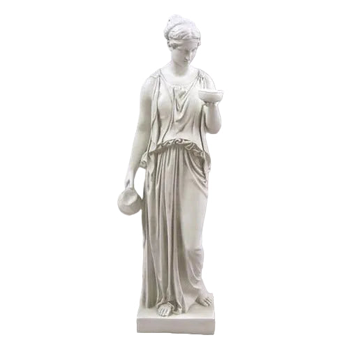 Classical Greek-style female statue in flowing draped robes, holding a bowl and pitcher, with ornate, old world European detailing.