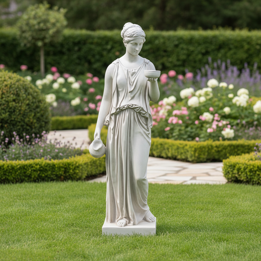 Classical Greek-style female statue in flowing draped robes, holding a bowl and pitcher, with ornate, old world European detailing. Side Angle