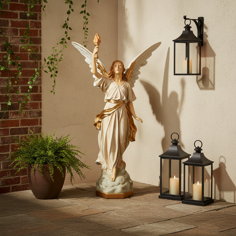 Angel With Torch Outdoor Statue (45 - Inch) Side Angle