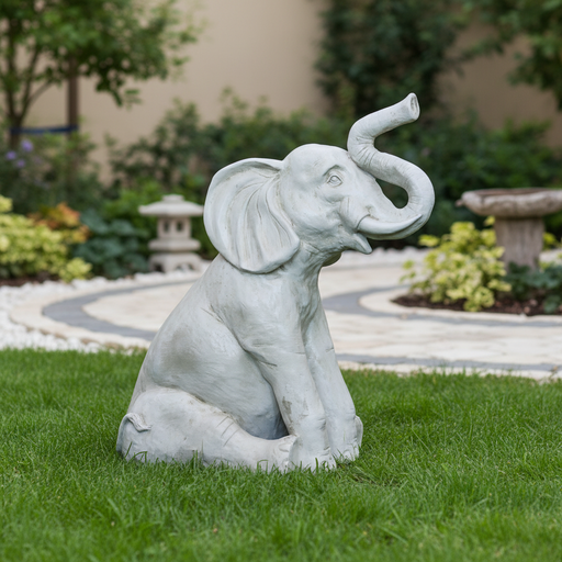 Seated elephant statue with raised trunk, featuring ornate, classical European sculptural details and old world charm. Side Angle