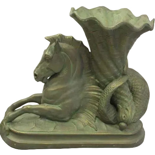 Mythical hippocampus vase with ornate, classical European detailing and flowing Baroque lines, featuring a curled fish tail.