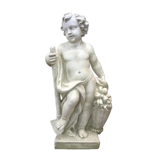 Standing cherub with a staff and basket of fruit.