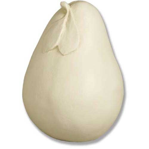 Pear sculpture with classical old world European style, featuring ornate leaf detail and smooth, Renaissance-inspired contours.