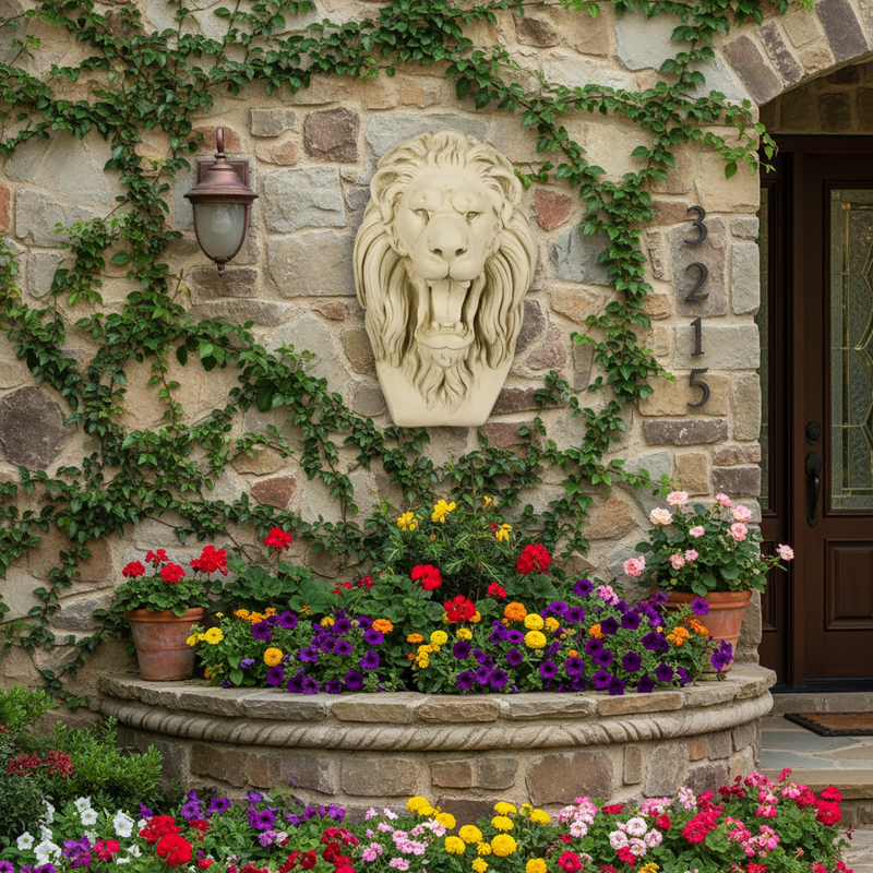 Lion head sculpture with flowing mane, open mouth, and classical old world European ornate detailing in a Baroque architectural style. Side Angle