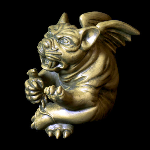 Grotesque gargoyle door knocker with exaggerated features, medieval Gothic style, ornate detailing, fierce expression, old world European theme Side View