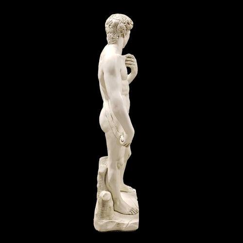 Classical Renaissance male statue with detailed anatomy, curly hair, and contrapposto stance on a rectangular base. Different Angle