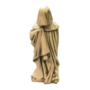Hooded medieval figure statue with draped, flowing robes in an old world European Gothic style, facing away.