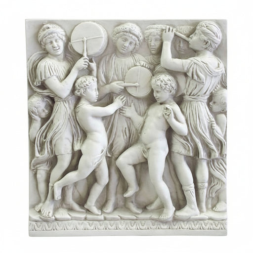 Classical Renaissance relief sculpture depicting dancing children and women with tambourines in ornate, old world European style.