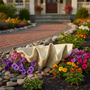 Giant clam shell with ornate, undulating edges and classical old world European sculptural detailing. Side Angle