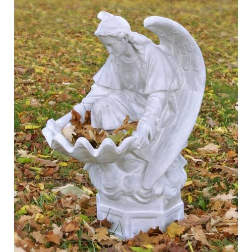Kneeling angel holding a large scalloped shell bowl. Outdoor Statue (32 - Inch) Side View