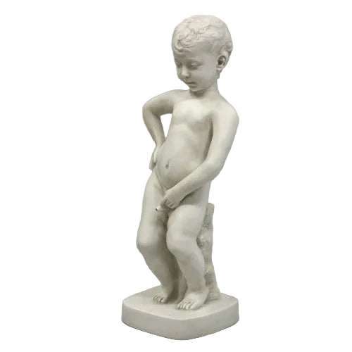 Classical European-style statue of a young boy standing on a pedestal with ornate, old world sculptural details.