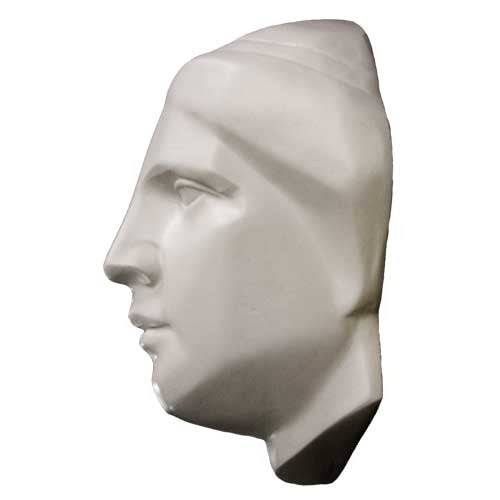 Classical Greek-inspired sculpted head with stylized, angular features and a serene, minimalist expression.