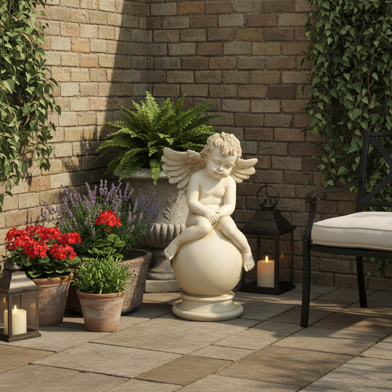 Cherub on Sphere base. Outdoor Statue (19 - Inch) Side Angle