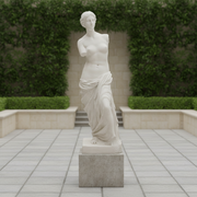 Venus de Milo statue with classical Greek style, draped lower body, armless form, and detailed, ornate sculptural features. Side Angle