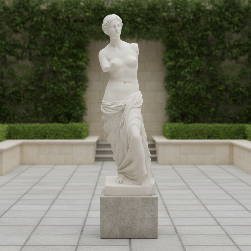 Venus de Milo statue with classical Greek style, draped lower body, armless form, and detailed, ornate sculptural features. Side Angle