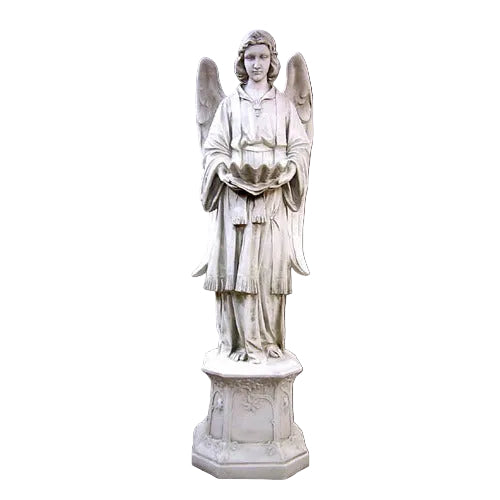 Standing angel with a serene facial expression holding a scalloped bowl on an ornate hexagonal pedestal.