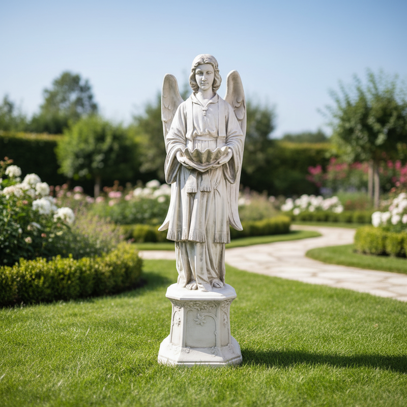 Angel With Scalloped Bowl Outdoor Statue (61-Inch)