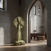 Celtic cross with intricate knotwork, old world European style, standing on a textured base, evoking medieval and Gothic themes. Side Angle