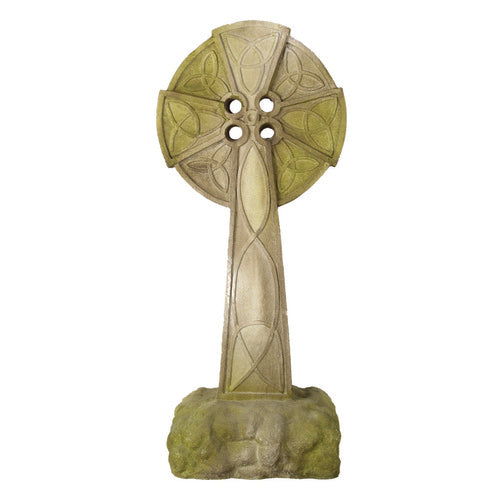 Celtic cross with intricate knotwork, old world European style, standing on a textured base, evoking medieval and Gothic themes.