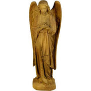 Standing angel statue with hands clasped over the chest, featuring large detailed wings  on a rectangular base.