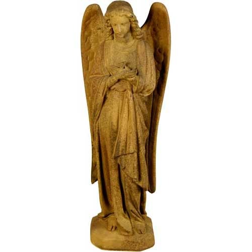 Standing angel statue with hands clasped over the chest, featuring large detailed wings  on a rectangular base.