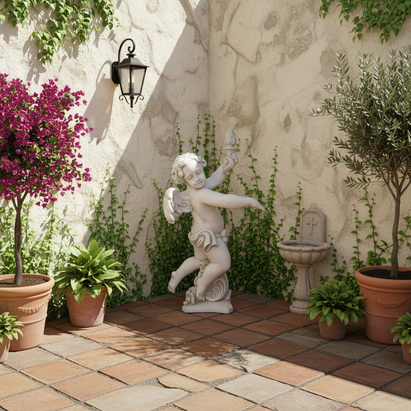Baroque cherub statue with ornate wings and flowing drapery, holding a torch in a classical old world European style pose. Side Angle